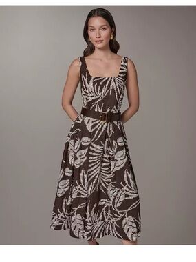 Donna Karan Brown and White Leaf-Print Midi Dress with Belt